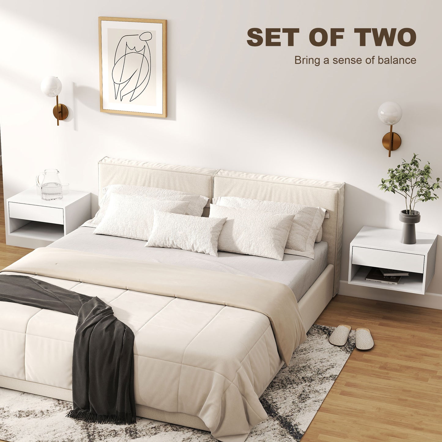 HOMCOM Set of Two Floating Bedside Tables - White