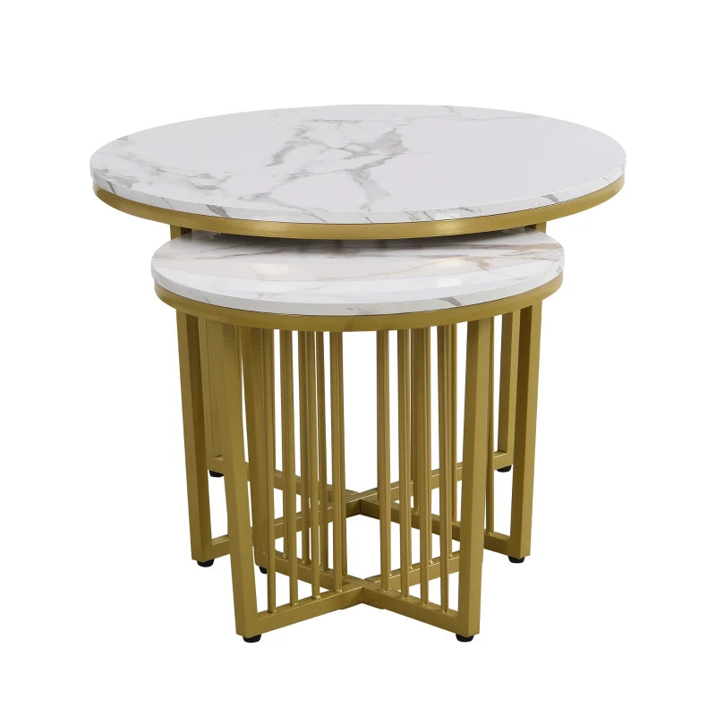 Modern Nesting Coffee Table Set, High Gloss Marble Look with Golden Iron Legs, 2 Piece Set, White