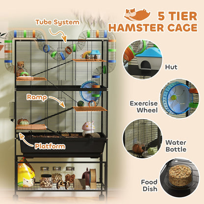 PawHut 5 Tier Large Hamster Cage on Wheels with 17 cm Deep Tray, Storage Shelf for Syrian, Gerbil, Rats