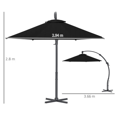 Outsunny 3(m) Garden Cantilever Parasol, Round Overhanging Umbrella with Crank Handle, Cross Base, Aluminium Frame and 360 Rotation, Banana Patio Umbrella for Outdoor Sun Shade, Black