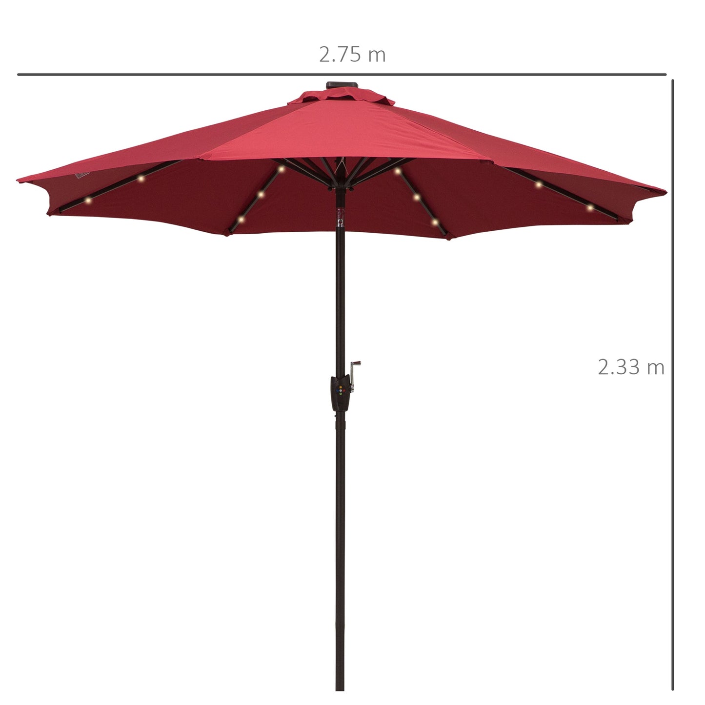 Outsunny â2.7m Garden 24 LED Light Parasol Solar Outdoor Tilt Sun Umbrella Patio Club Party Event Manual Sun Shade w/ Hand Crank and 8 Ribs, Red