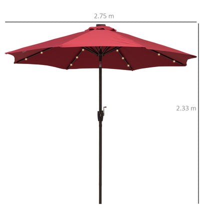 Outsunny â2.7m Garden 24 LED Light Parasol Solar Outdoor Tilt Sun Umbrella Patio Club Party Event Manual Sun Shade w/ Hand Crank and 8 Ribs, Red