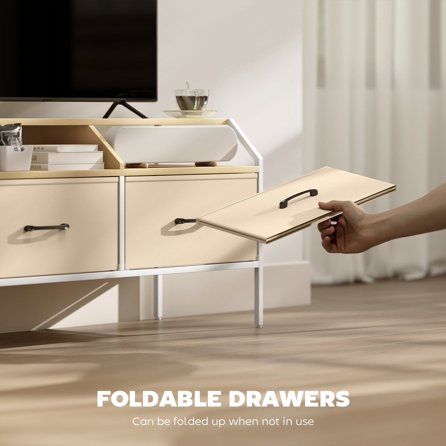 HOMCOM TV Stand Cabinet, TV Unit for 55-inch TVs with 2 Foldable Fabric Drawers, 5 Divided Side Pockets, Open Shelves, Console Table for Living Room, Bedroom, Entertainment Room, Natural Wood Finish