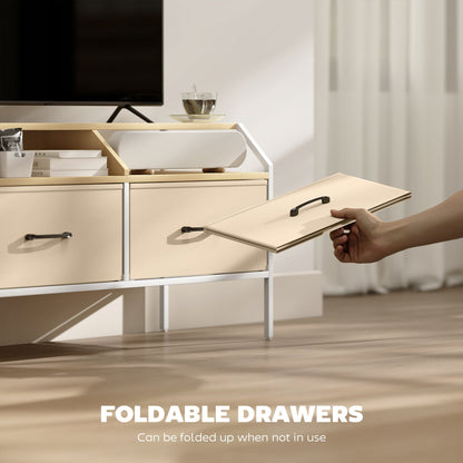 HOMCOM TV Stand Cabinet, TV Unit for 55-inch TVs with 2 Foldable Fabric Drawers, 5 Divided Side Pockets, Open Shelves, Console Table for Living Room, Bedroom, Entertainment Room, Natural Wood Finish