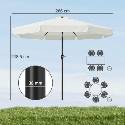 Outsunny 2.7m Patio Parasol Garden Umbrellas with Aluminium Pole, UPF 50+ Outdoor Sun Shade Table Umbrella with Tilt, Crank, 8 Ribs, Ruffles, White