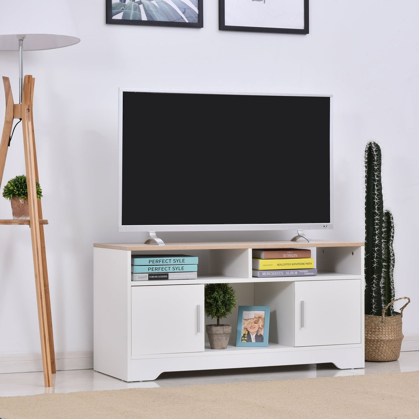 HOMCOM TV Stand for TVs up to 42 Inches with Cabinets, Shelves and Wide Tabletop for Living Room, Bedroom, Dining Room, White and Wood Color