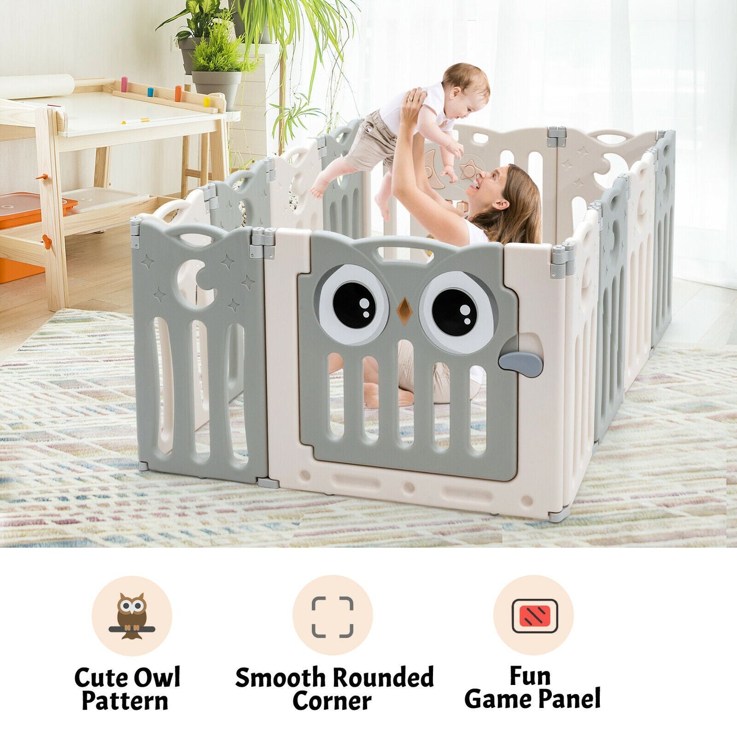 12 Panel Foldable Baby Playpen-Beige