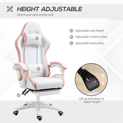 Vinsetto Racing Gaming Chair, Reclining PU Leather Computer Chair with 360 Degree Swivel Seat, Footrest, Removable Headrest and Lumber Support, White and Pink