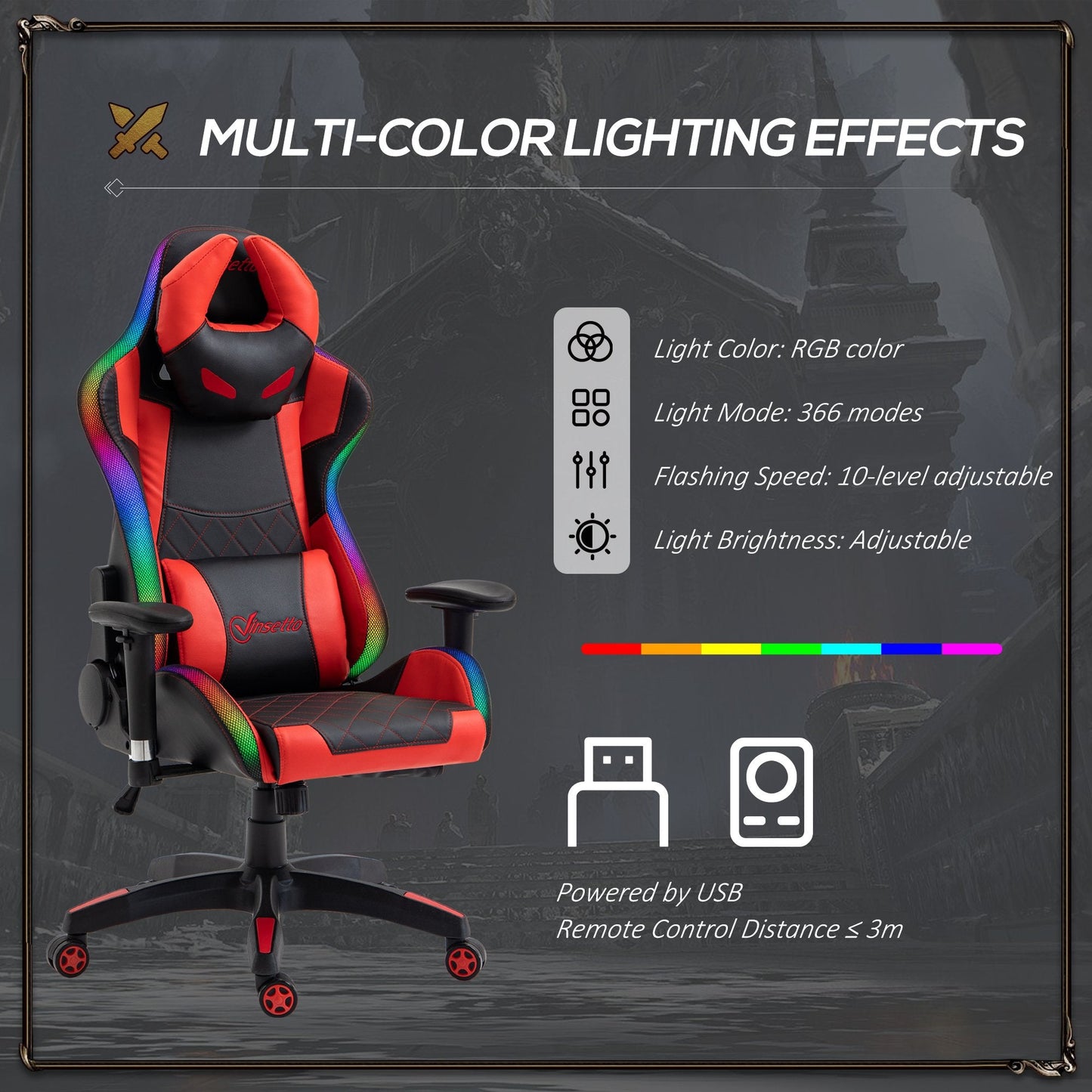 Vinsetto Gaming Office Chair with RGB LED Light, Lumbar Support, Gamer Recliner, Red