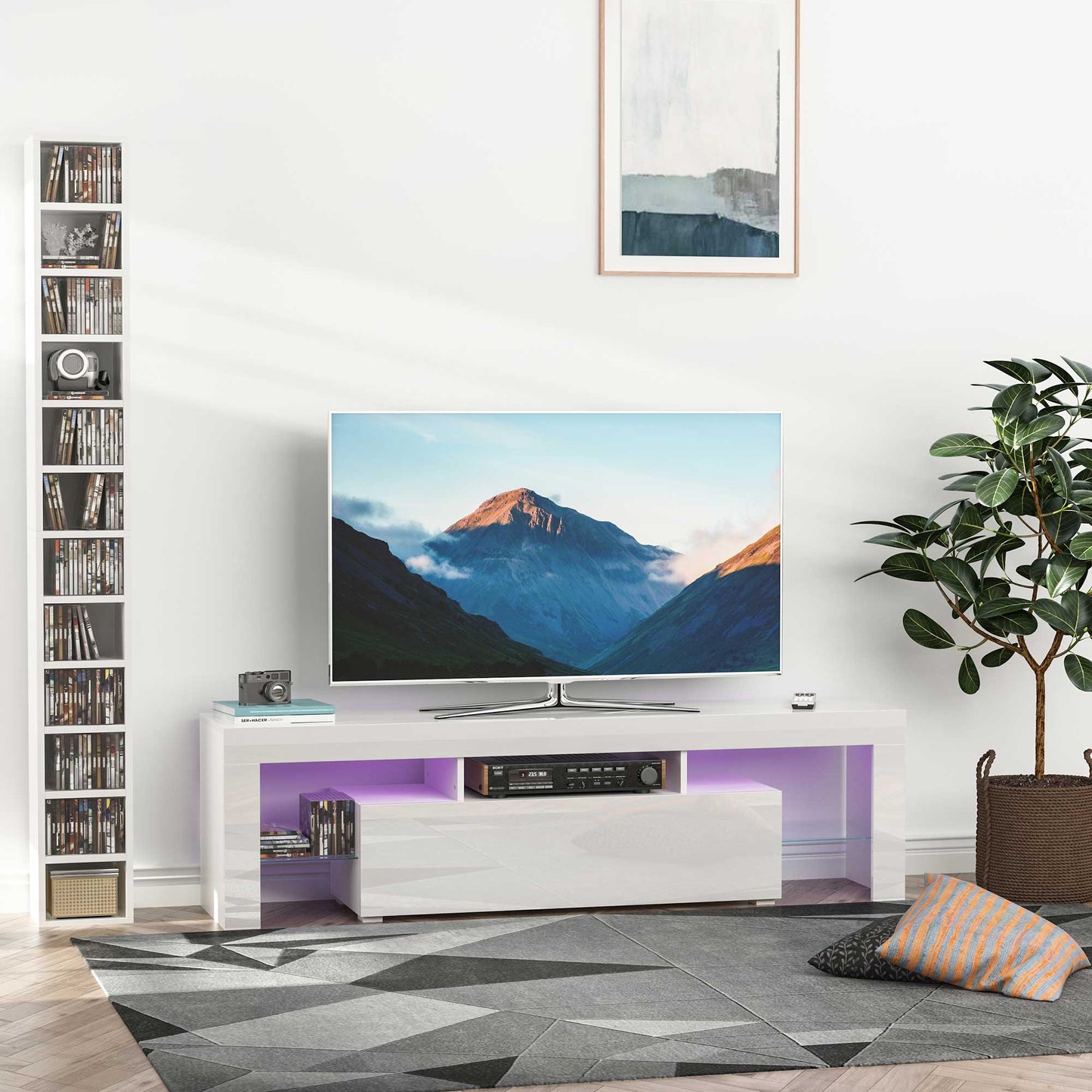 HOMCOM High Gloss Futuristic TV Stand, with LED Lights - White