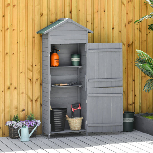 Outsunny Wooden Garden Storage Shed Utility Gardener Cabinet w/ 3 Shelves, Tilted-felt Roof and Two Lockable Doors, 189cm x 82cm x 49cm, Dark Grey