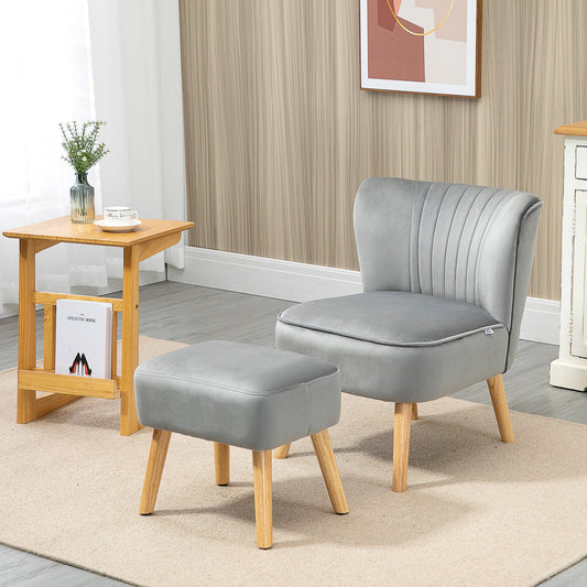 Velvet-Feel Tub Chair and Footstool - Grey