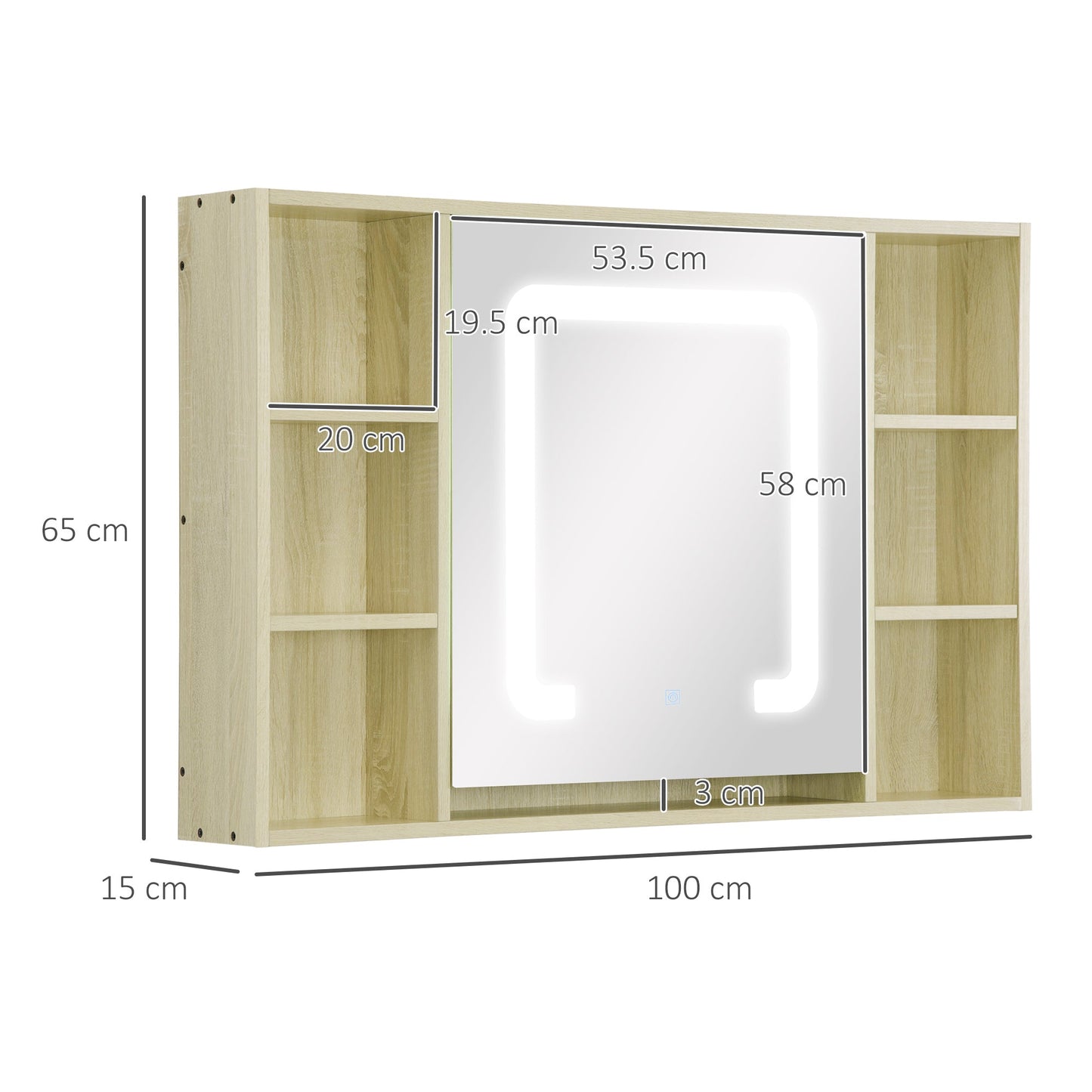 kleankin LED Bathroom Mirror Cabinet, Wall Mounted Dimmable Medicine Cabinet with Adjustable Shelf and Mirrored Door, Memory Function, USB Charge, Natural