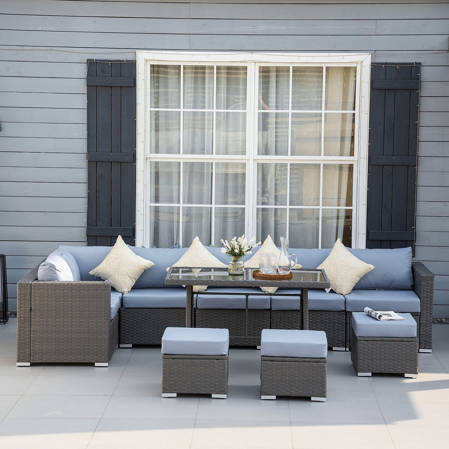 Outsunny 9-Seater Garden Rattan Furniture 10 Pcs Rattan Corner Dining Sofa Set, Grey/Dusty Blue Cushion