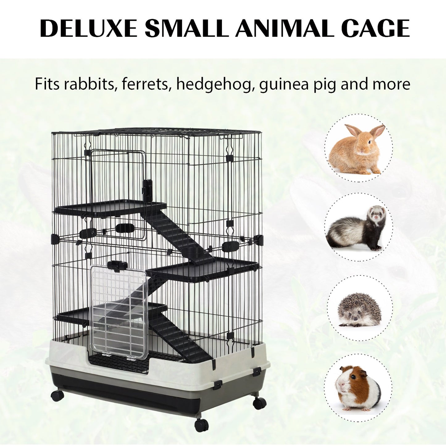 Pawhut 3 Tier Rolling Small Animal Rabbit Cage Chinchillas Hutch Pet Play House with Platform Ramp Removable Tray 81.2 x 52.7 x 110 cm
