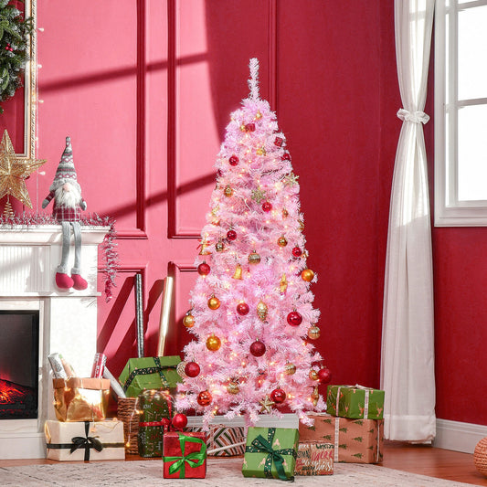 HOMCOM 7FT Tall Prelit Pencil Slim Artificial Christmas Tree with Realistic Branches, Warm White LED Lights and Tips, Xmas Decoration, Pink