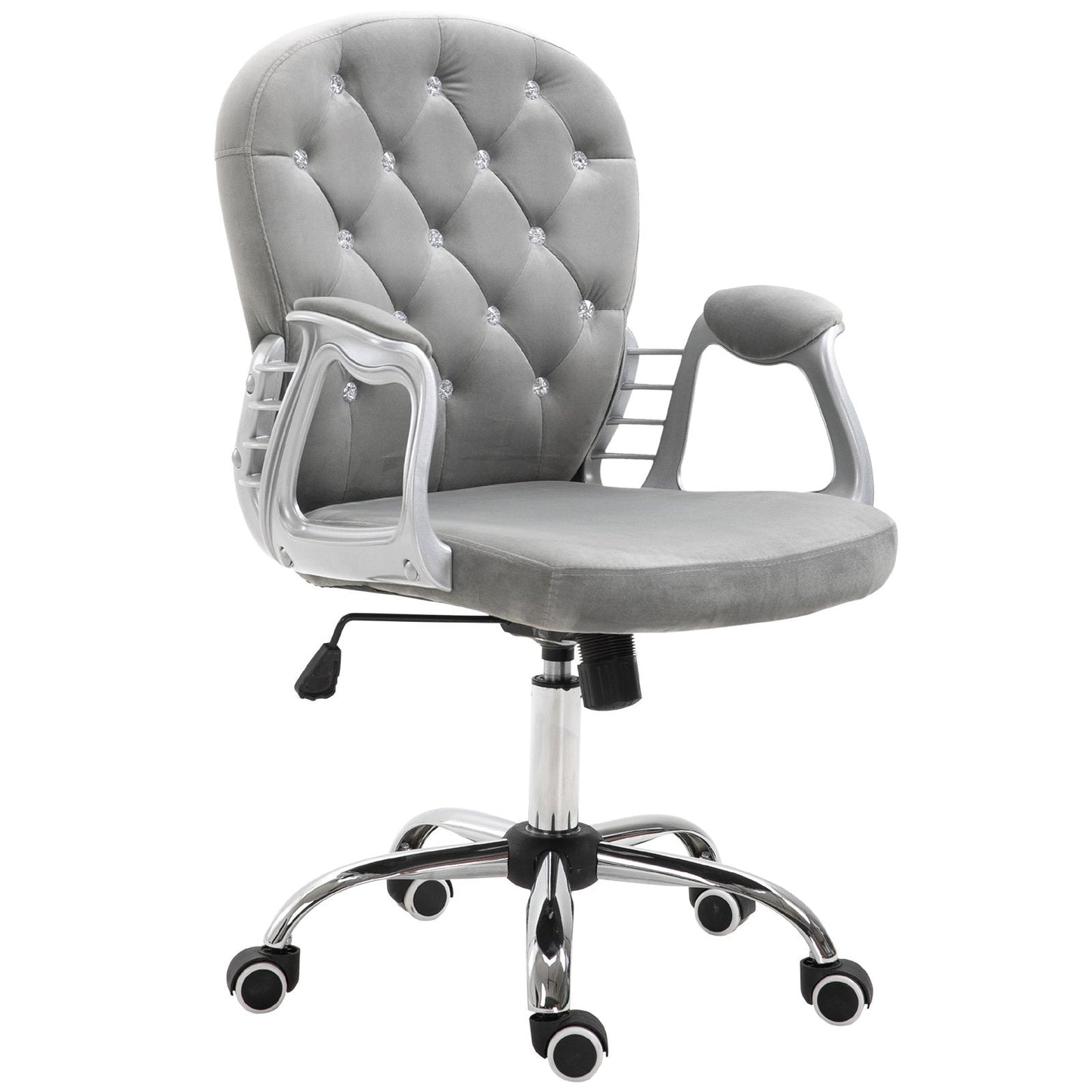 Velour Office Chair Diamante Tufted Padded Ergonomic 360 degree Swivel Base 5 Castor Wheels Grey