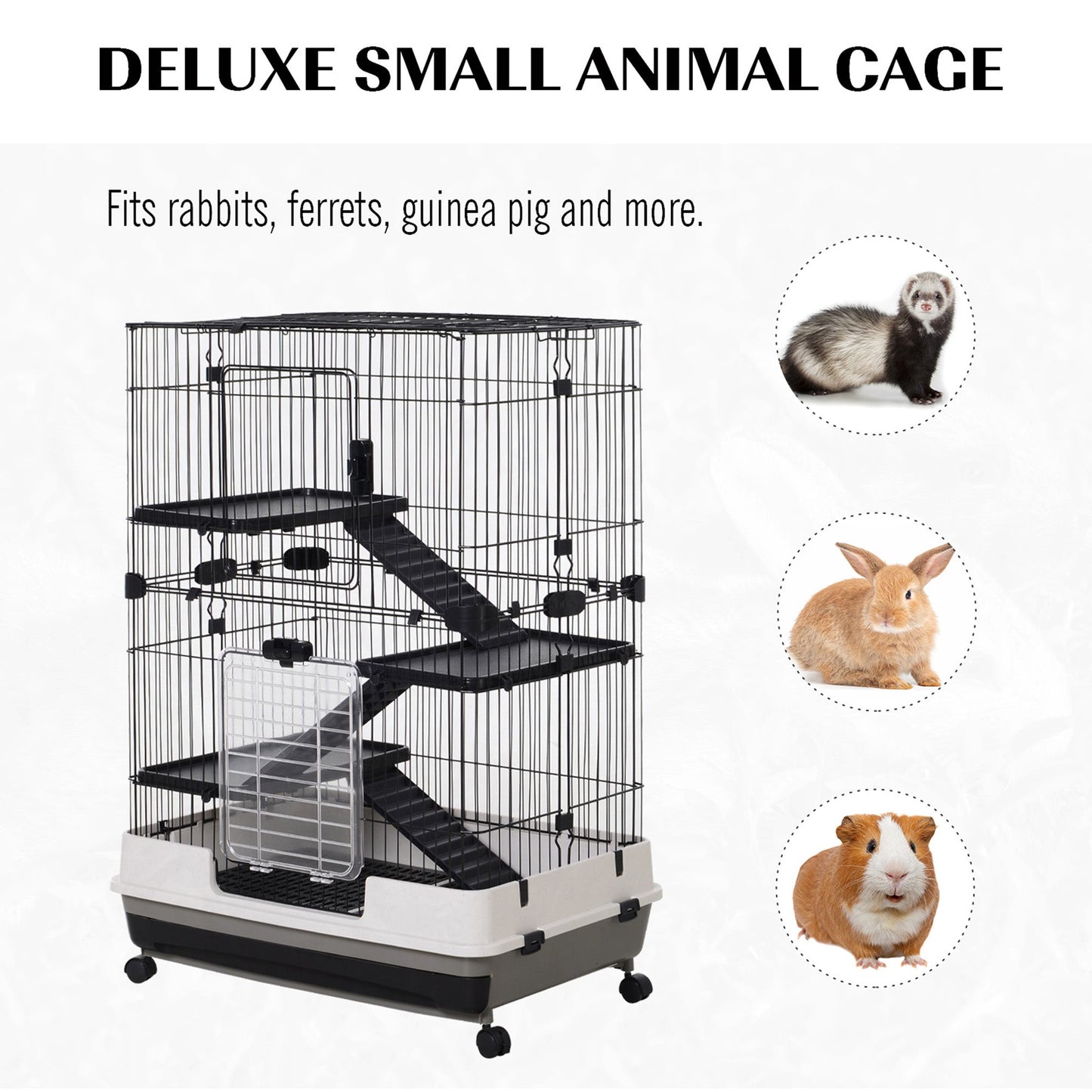 PawHut Small Guinea Pigs Hutches Hutch Pet Play House with Platform, Ramp, Removable Tray for Rabbits, Guinea Pigs, Chinchillas Black and White