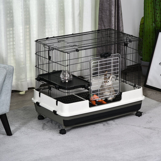 PawHut Small Animal Steel Wire Rabbit Cage Pet Play House  W/ Waste Tray Black
