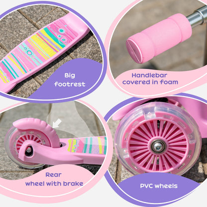 HOMCOM Scooter for Kids Toddler Foldable Kick Scooter with 3 Wheel Adjustable Height Flashing Wheels for Boys and Girls 3-8 Years Pink