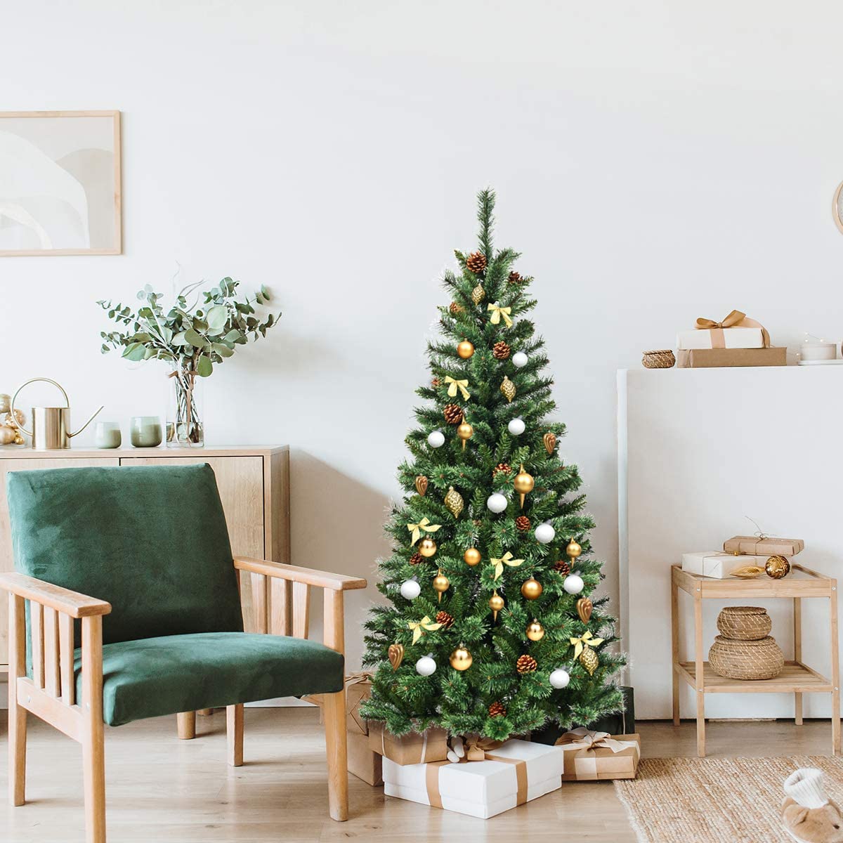 6ft Christmas Hinged Tree with Mixed Pine Needles, Cones, and Metal Stand