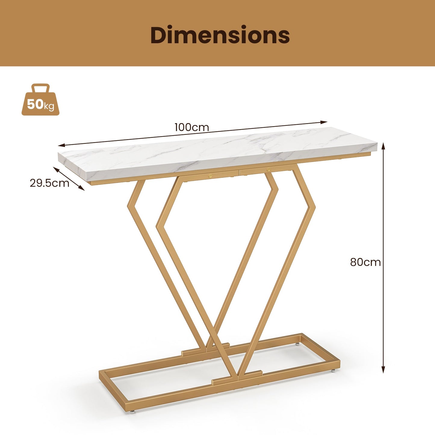 100 cm Gold Console Table with Diamond Shape Geometric Frame-White & Golden