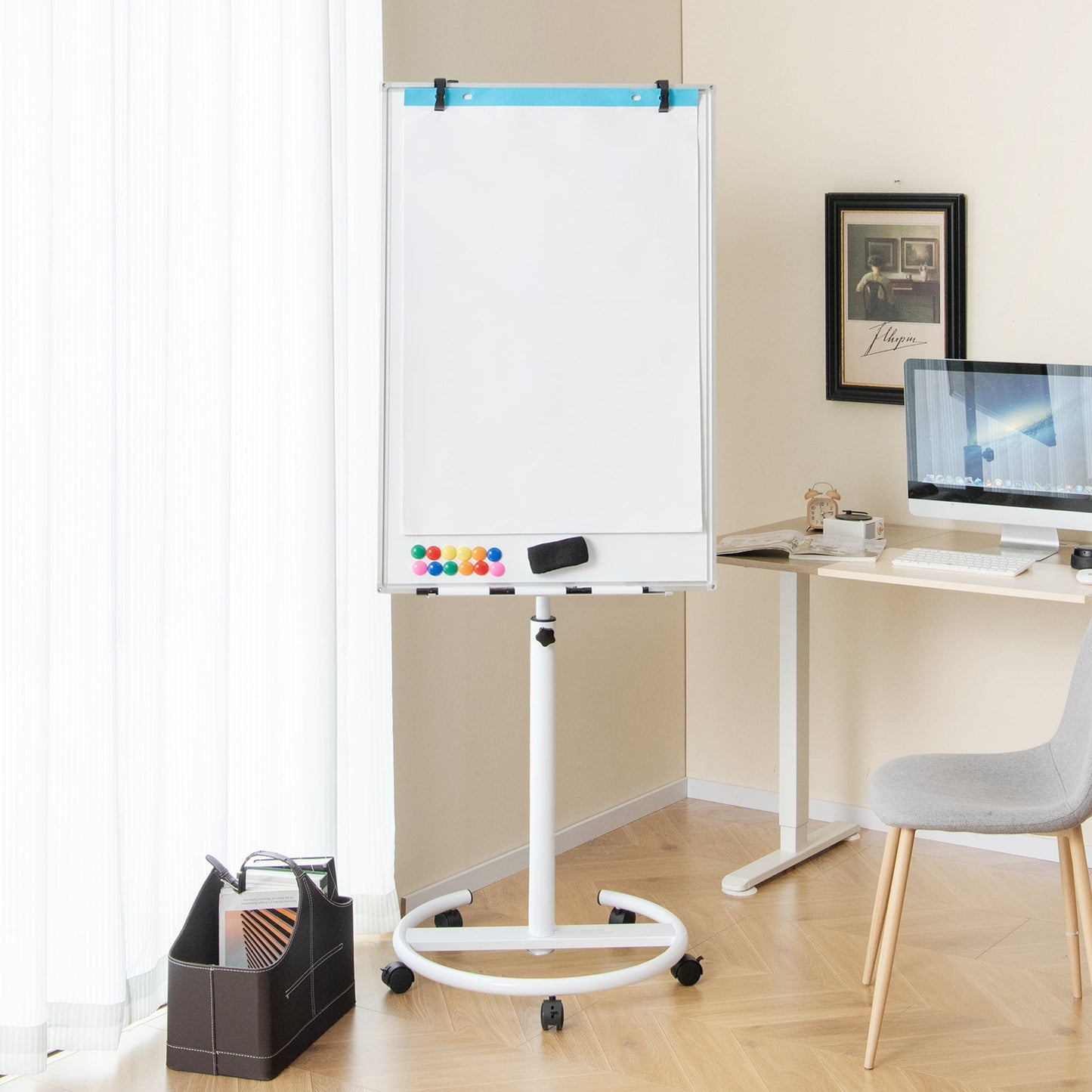 100 cm x 65 cm Height-Adjustable Magnetic Whiteboard on Wheels-White