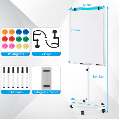 100 cm x 65 cm Height-Adjustable Magnetic Whiteboard on Wheels-White