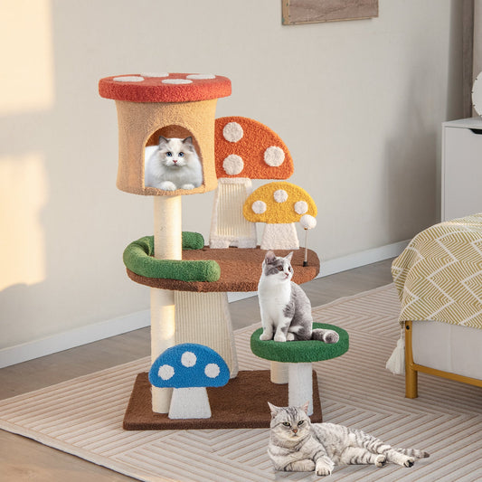 102 cm Mushroom Cat Tree Tower with Natural Sisal Posts-Multicolor
