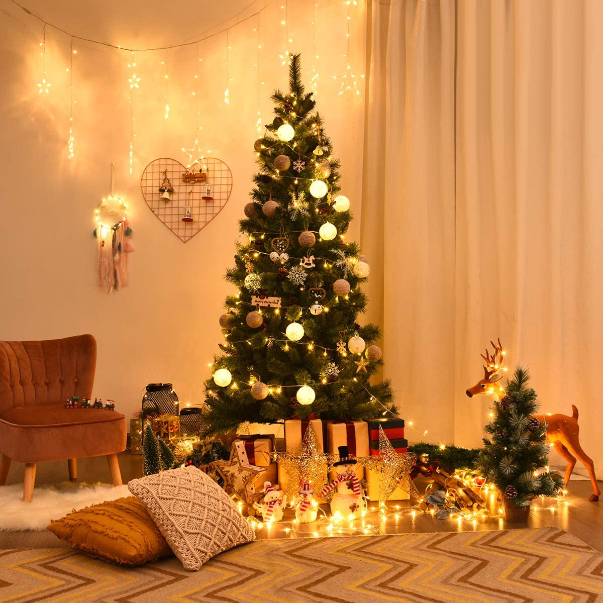 7ft Christmas Hinged Tree with Mixed Pine Needles, Cones, and Metal Stand