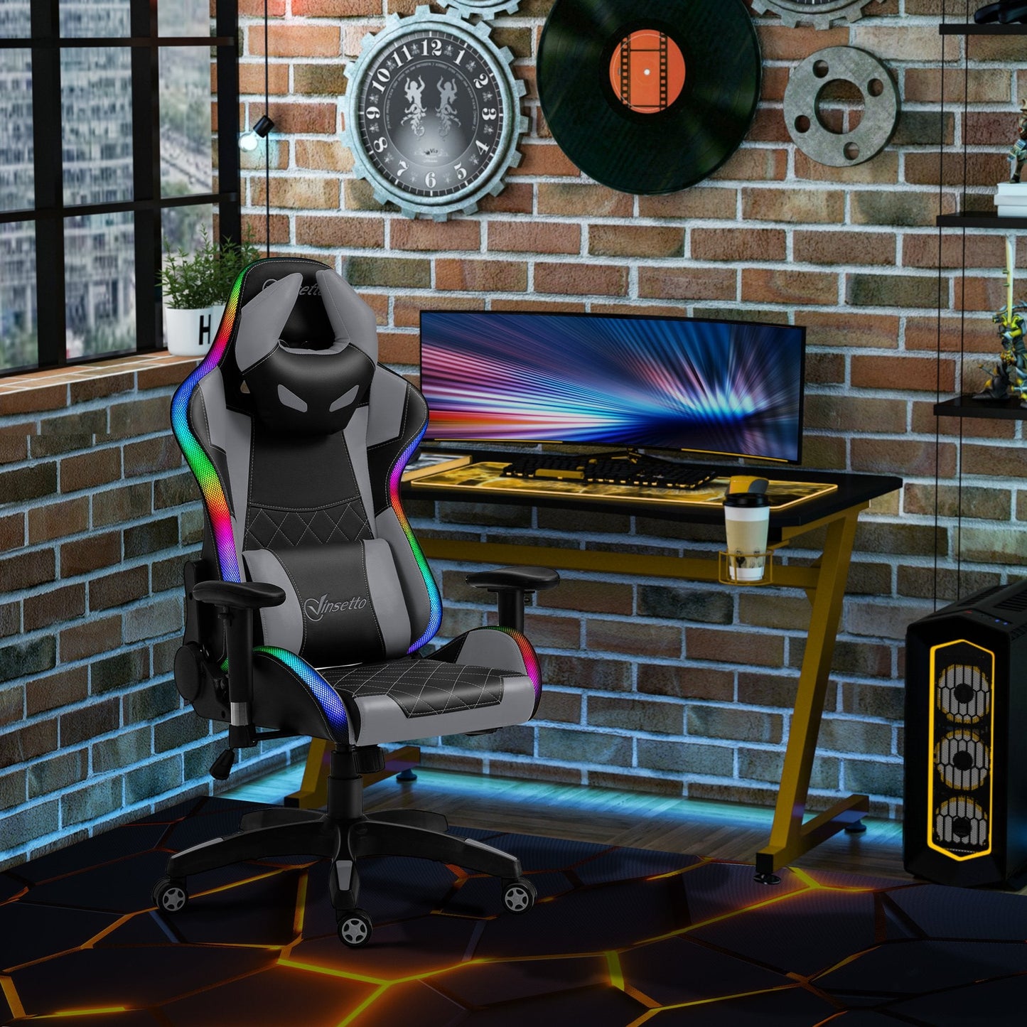 Vinsetto Gaming Office Chair with RGB LED Light, Lumbar Support, Gamer Recliner, Grey