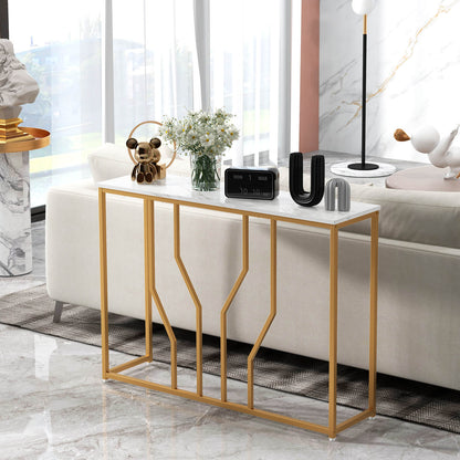 110 cm Gold Console Table Entryway Table with Faux Marble Tabletop-White; Golden