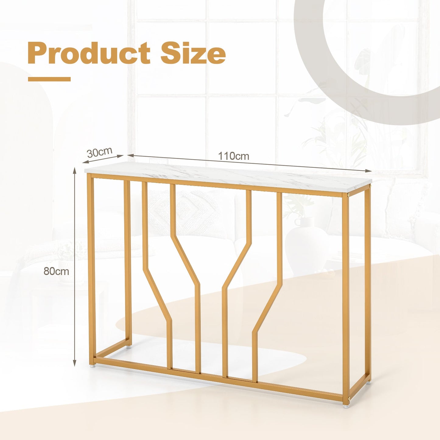 110 cm Gold Console Table Entryway Table with Faux Marble Tabletop-White; Golden
