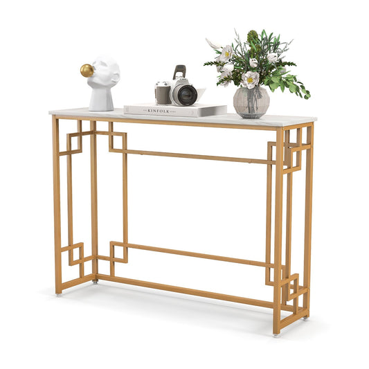 110 cm Console Table Narrow Entryway Table with Geometric Golden Frame-White & Golden