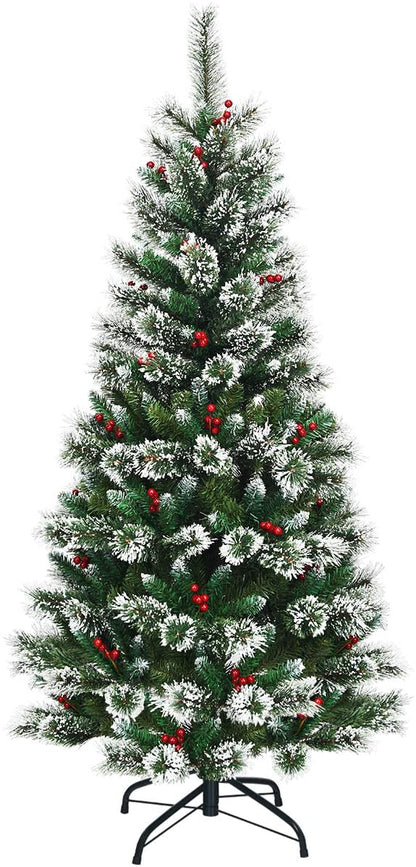 Snow Flocked Christmas Tree with Red Berries and Metal Base-6FT