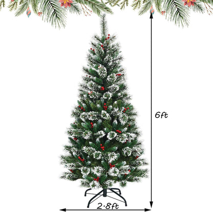 Snow Flocked Christmas Tree with Red Berries and Metal Base-6FT