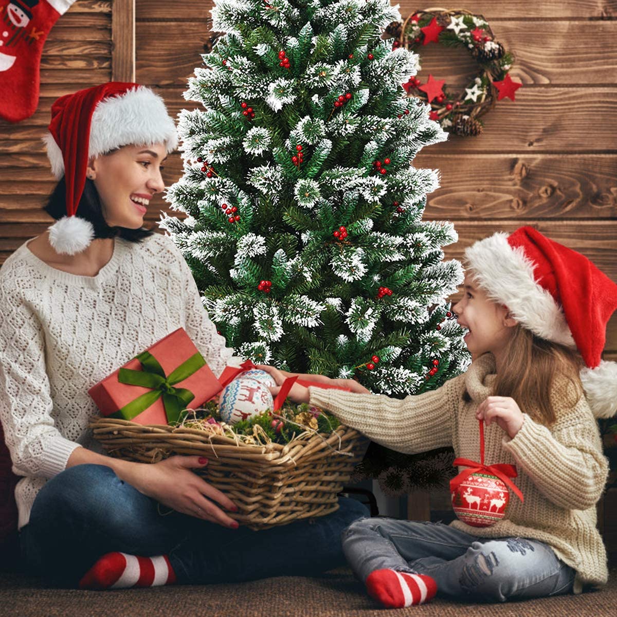 Snow Flocked Christmas Tree with Red Berries and Metal Base-7FT