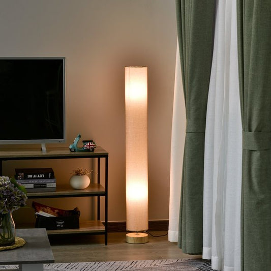 120H Cm Wooden Base Floor Lamp Standing W/Linen Fabric - Cream White