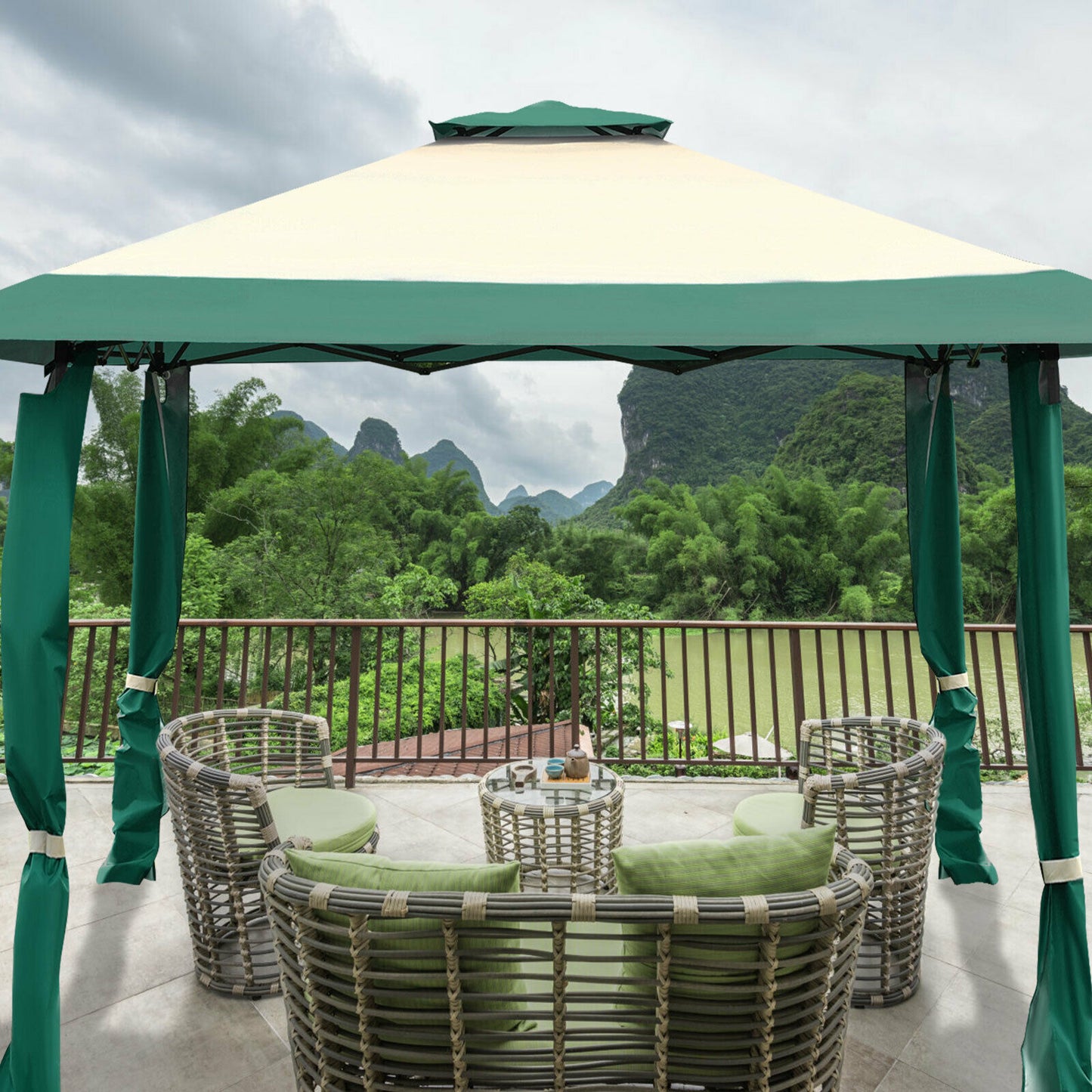 Large Adjustable Height Gazebo Canopy Patio Shelter-Green