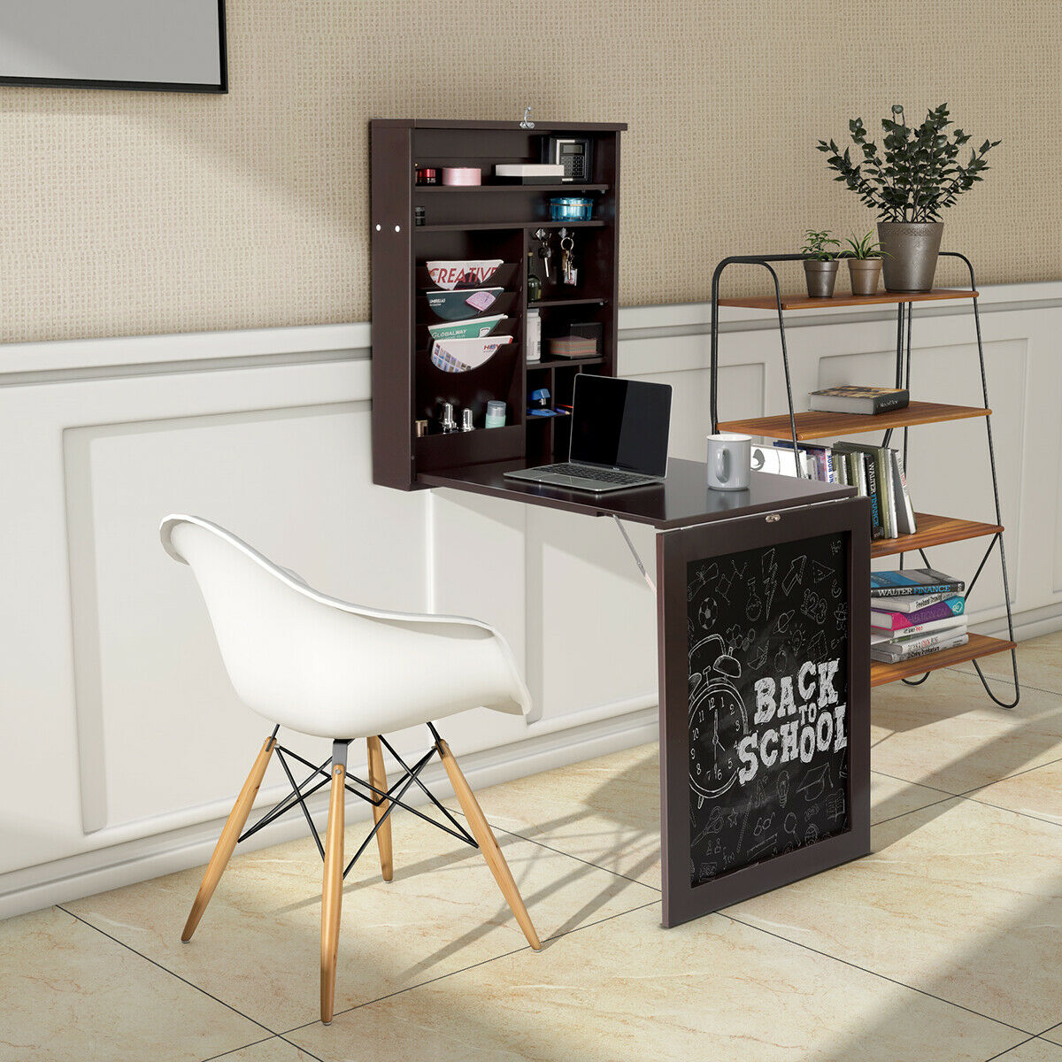 Multi-Function Folding Wall-Mounted Drop-Leaf Table with Chalkboard-Brown