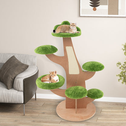 128 cm Pine Shape Cat Tree Cute Multi-level Cat Tower with Sisal Scratching Board-Green