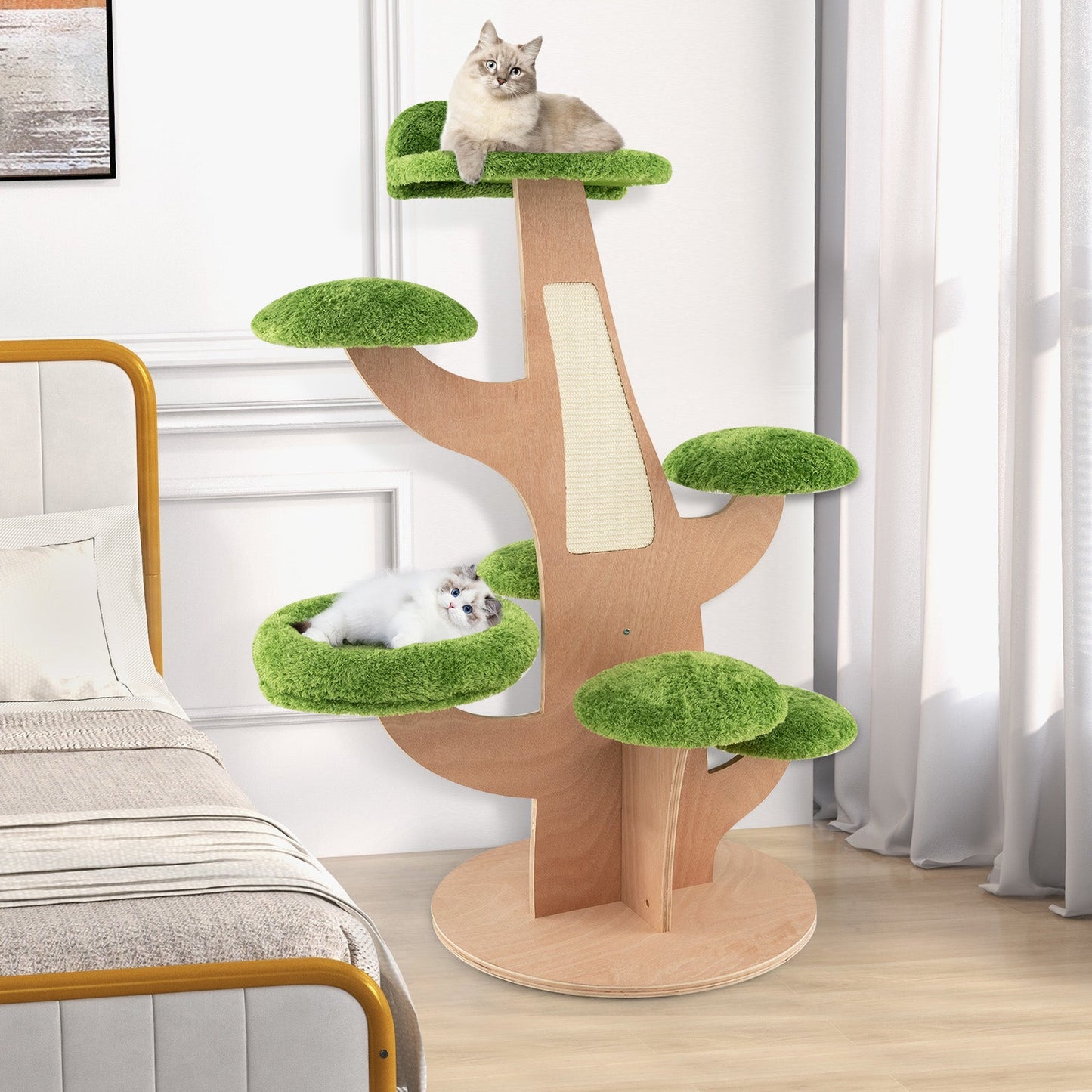 128 cm Pine Shape Cat Tree Cute Multi-level Cat Tower with Sisal Scratching Board-Green