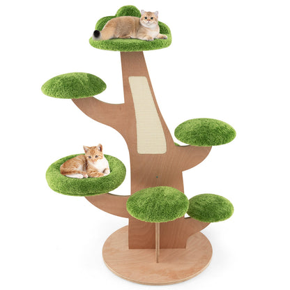 128 cm Pine Shape Cat Tree Cute Multi-level Cat Tower with Sisal Scratching Board-Green