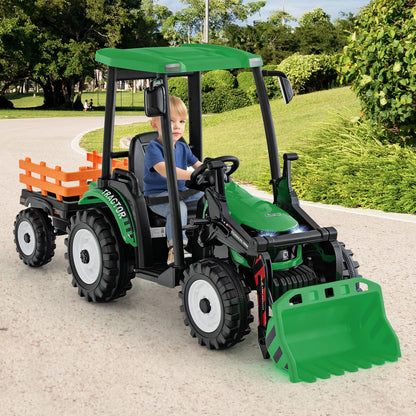 12V Battery Powered Kids Ride on Tractor with Trailer-Green