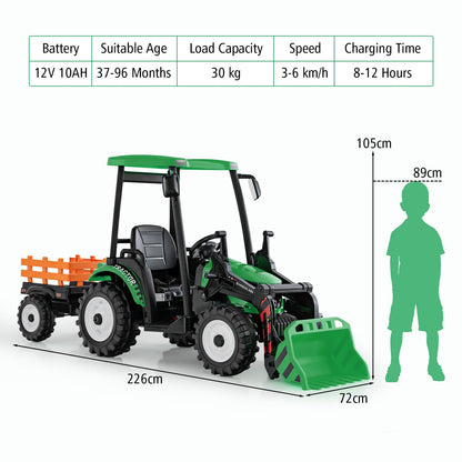 12V Battery Powered Kids Ride on Tractor with Trailer-Green