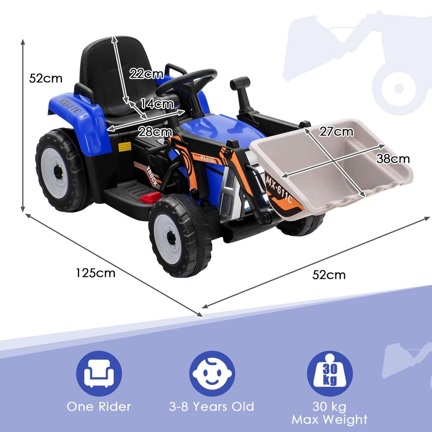 12V Battery Powered Loader Digger with Adjustable Arm and Bucket-Blue