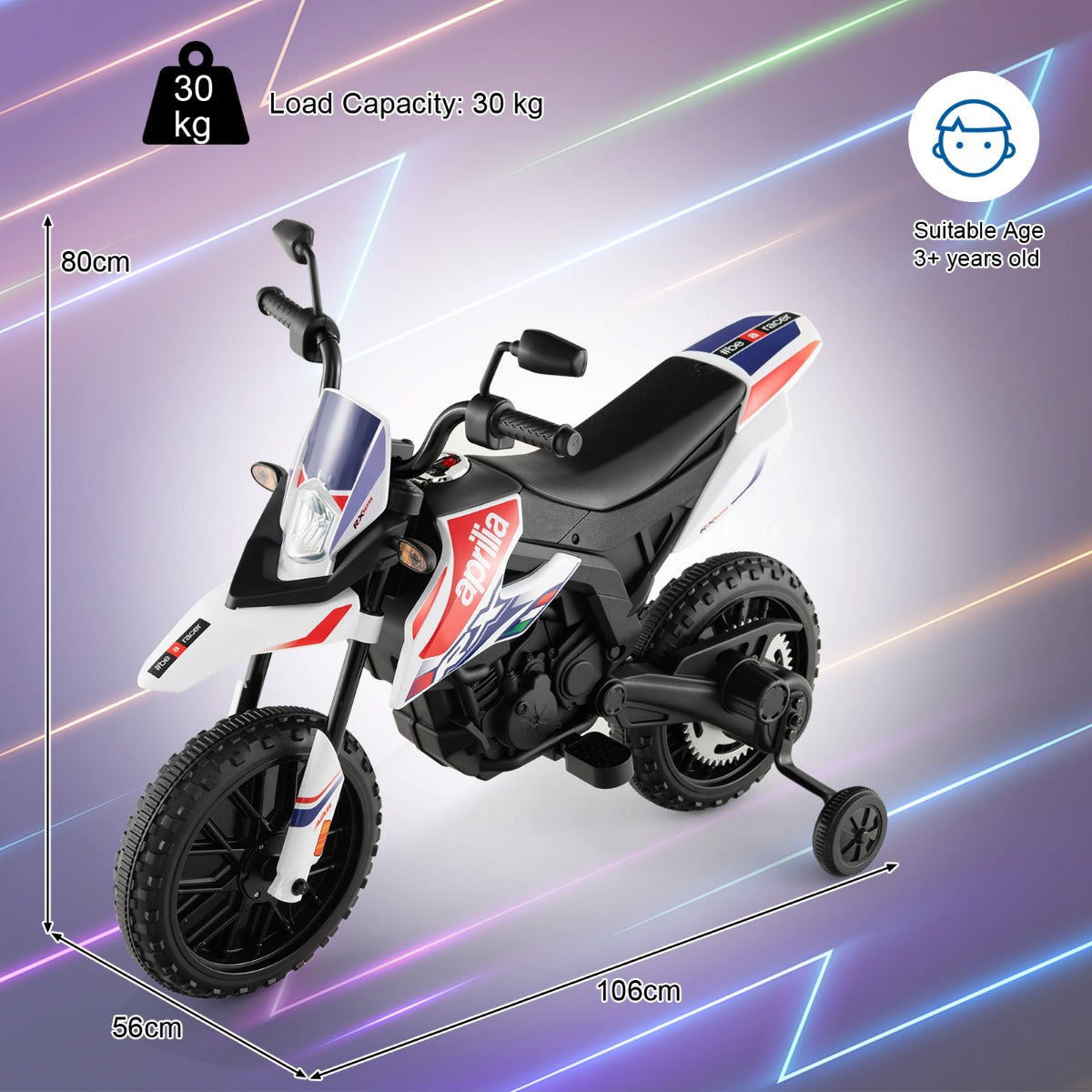 12V Battery Powered Toddler Motorbike with Music for 3-8 Years Old Kids-White