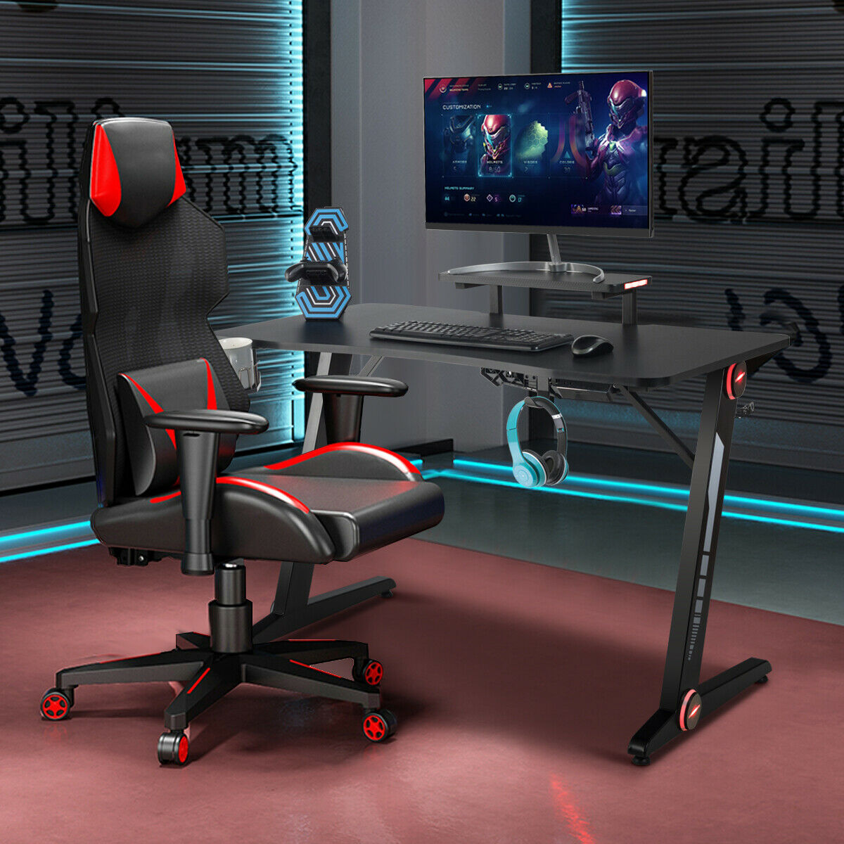 Z-shaped Ergonomic Gaming Computer Desk with RGB Light