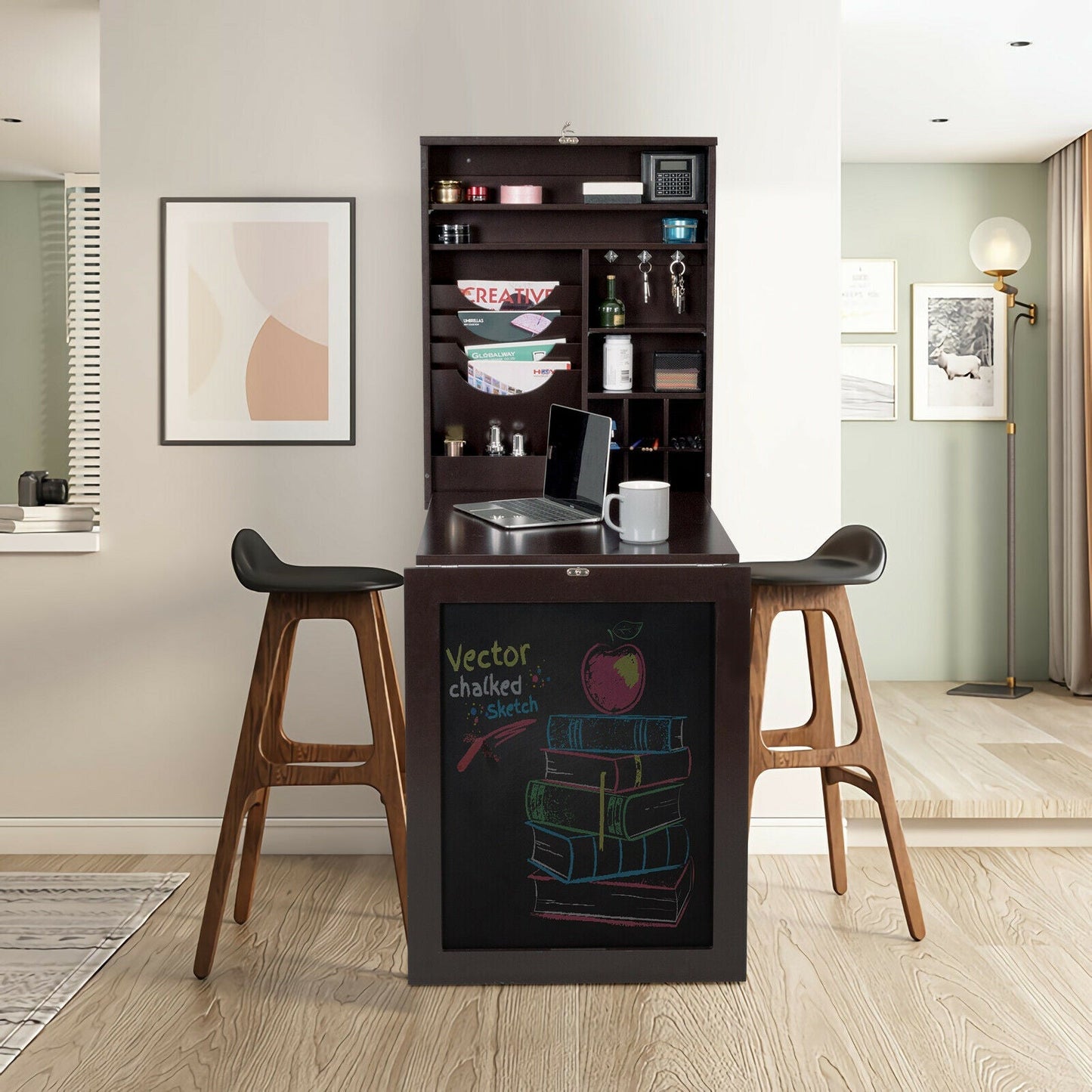 Multi-Function Folding Wall-Mounted Drop-Leaf Table with Chalkboard