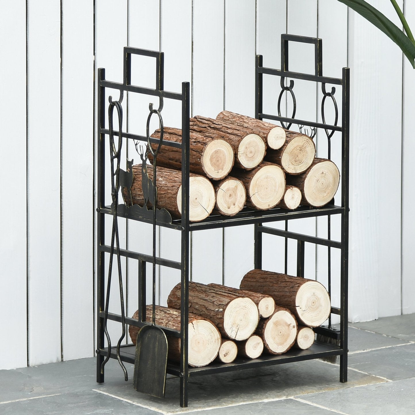 Outsunny 2-tier Heavy Duty Firewood Rack Wood Log Fireplace Stacker Deer design w/ 4 Tools, Gold